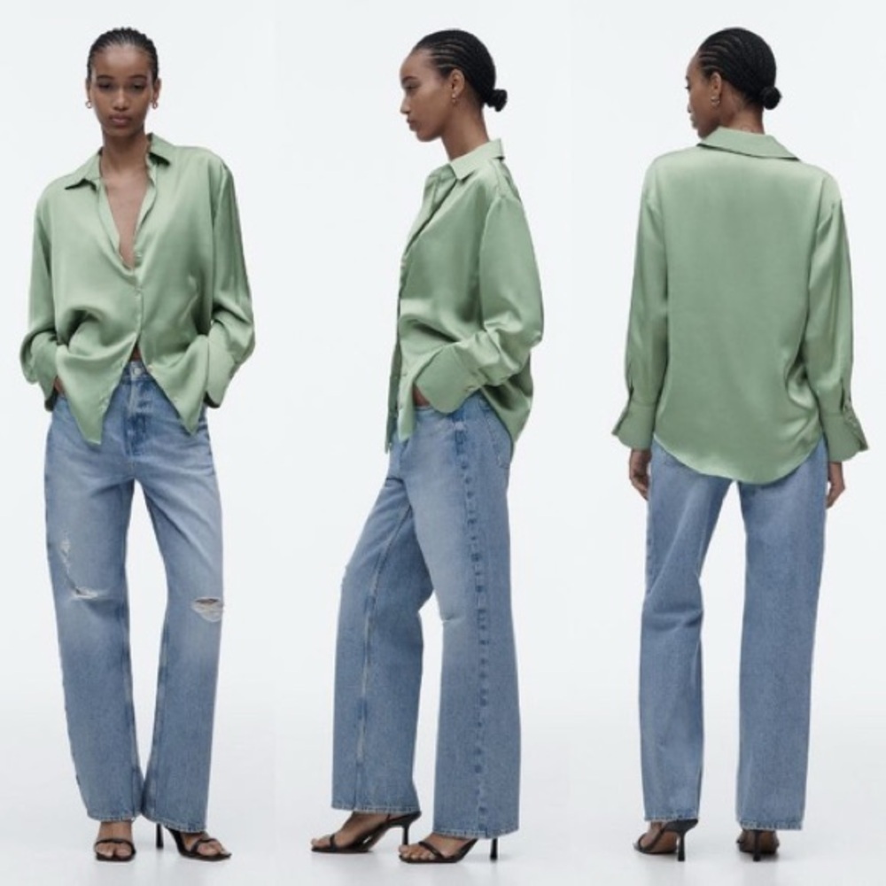 NWT. Zara Green Satin Effect Blouse. Size S. - Picture 2 of 9